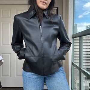 Women's Simple Black Leather Jacket with Collar